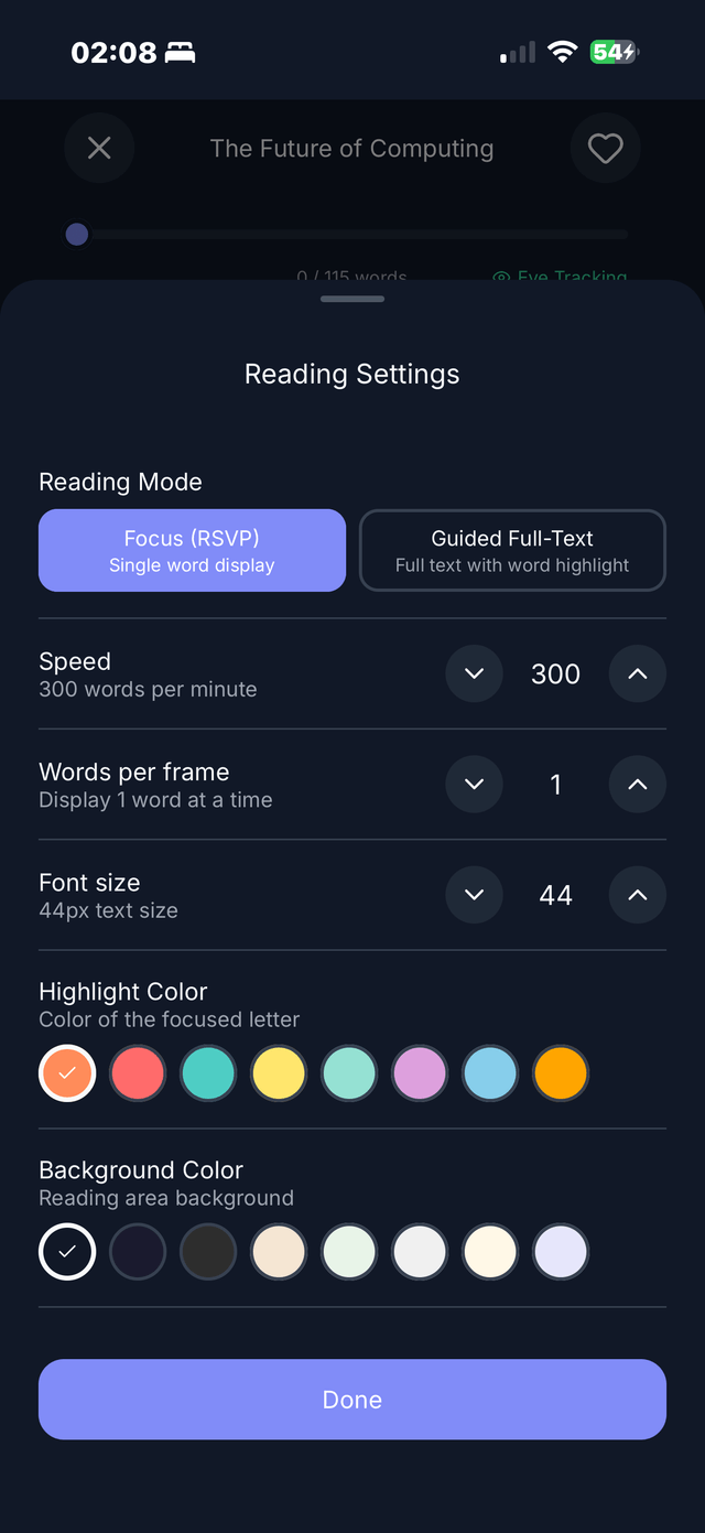 Reading Settings with mode toggle between Focus RSVP and Guided Full-Text