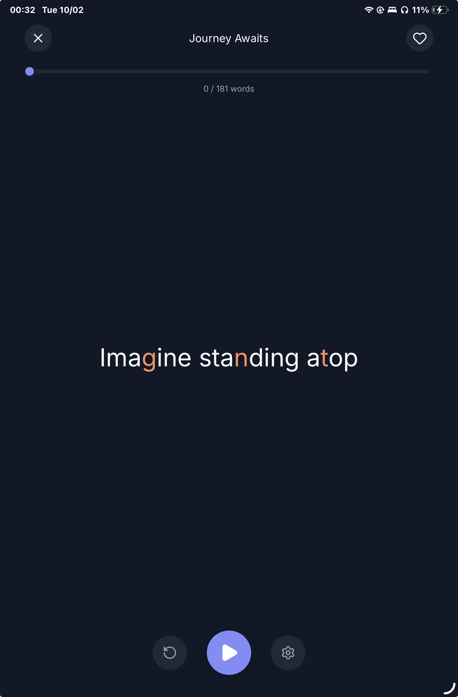 FastReadi RSVP mode showing words displayed one at a time with orange highlighted optimal recognition points